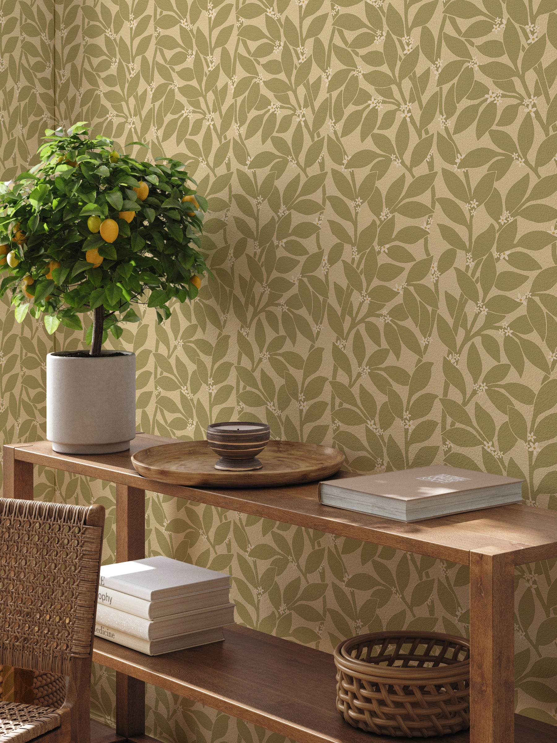 Citrus Grove Olive Green - White flowers