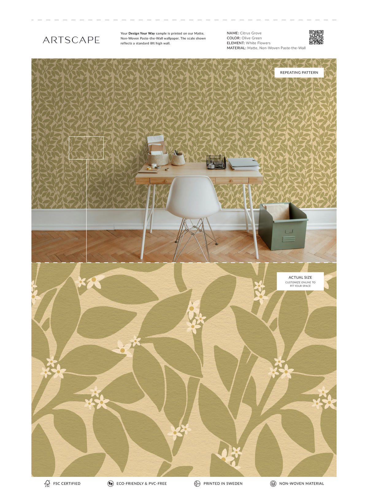 Citrus Grove Olive Green - White flowers