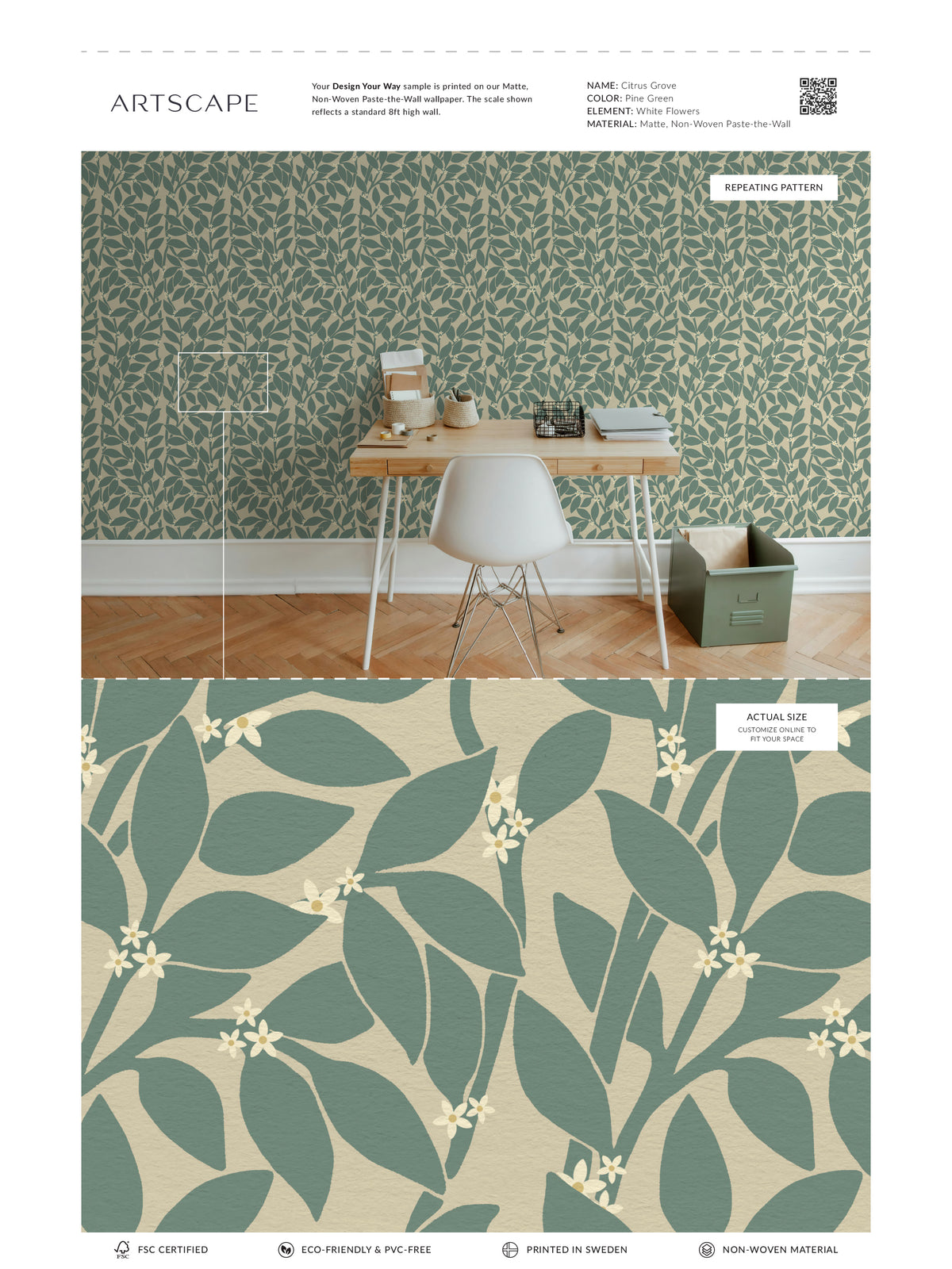 Citrus Grove Pine Green - White flowers